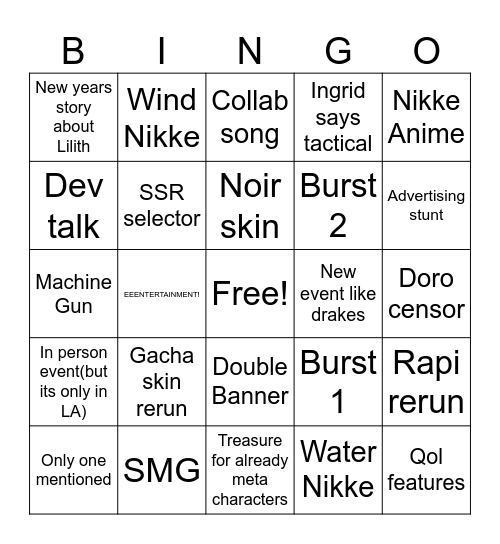 Nikke New year Livestream Bingo Card