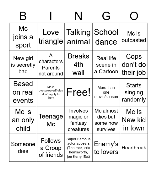 Movie bingo Card