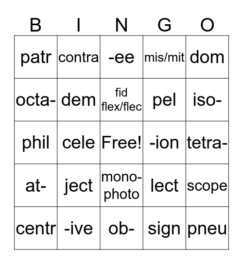 Prefix suffix root Bingo Card
