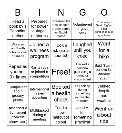 2025 Ladies Year In Review Bingo Card