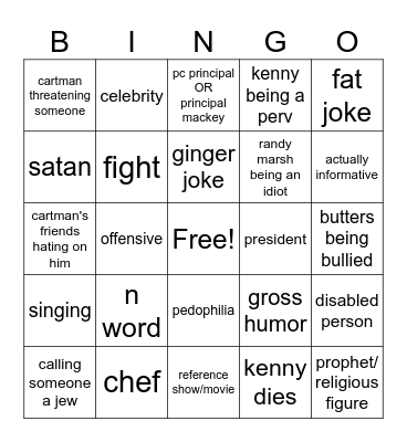 south park bingo Card