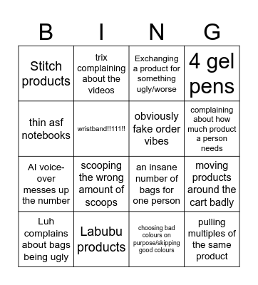 Gift order slop bingo Card