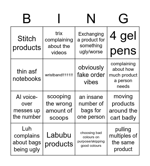 Gift order slop bingo Card