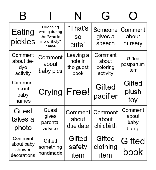 Baby Shower BINGO Card