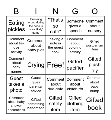 Baby Shower BINGO Card