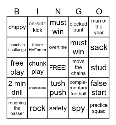 Football Buzz Words Bingo Card