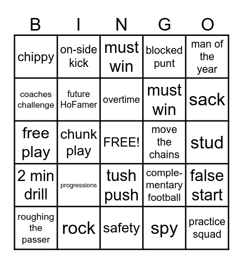 Football Buzz Words Bingo Card