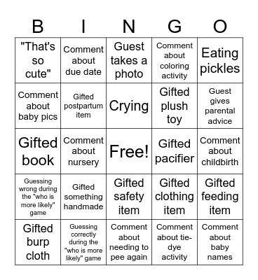 Baby Shower BINGO Card
