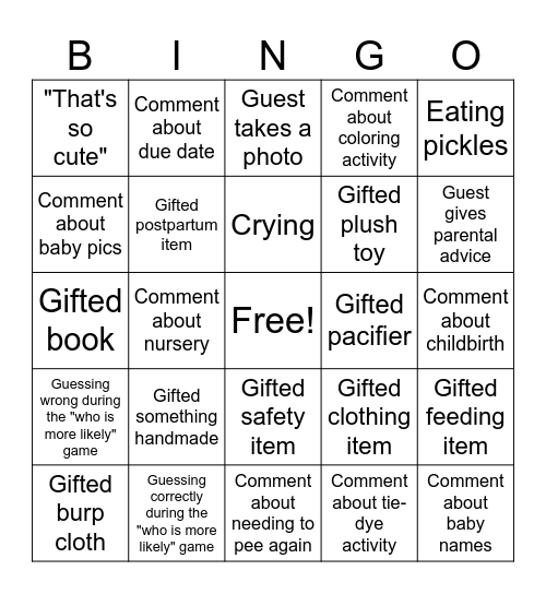 Baby Shower BINGO Card