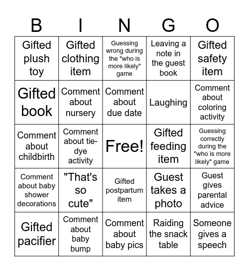 Baby Shower BINGO Card