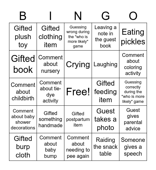 Baby Shower BINGO Card