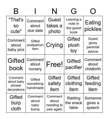 Baby Shower BINGO Card