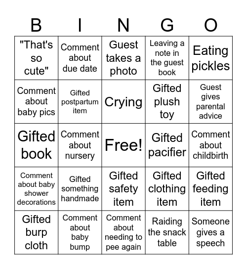 Baby Shower BINGO Card