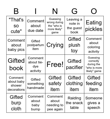 Baby Shower BINGO Card