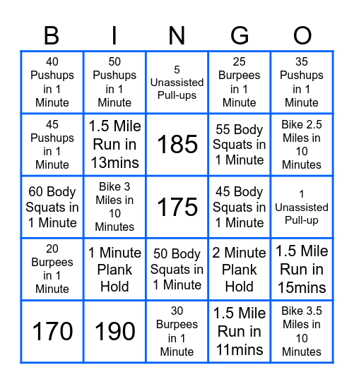 Fitness Bingo Card