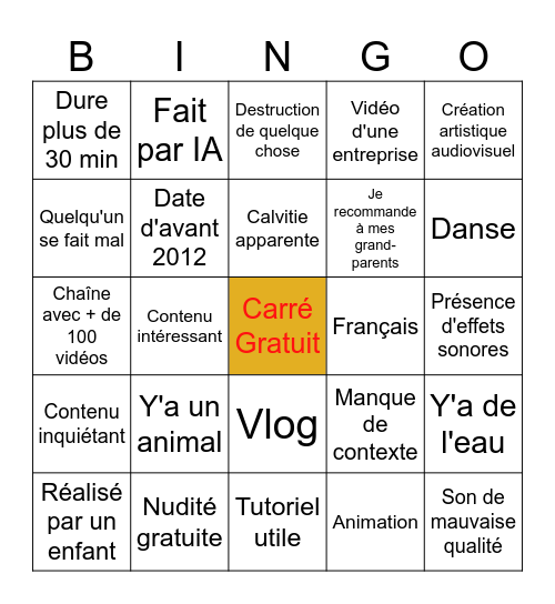 Petit Tube (Français) Bingo Card