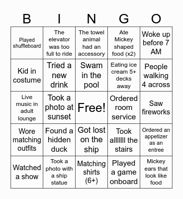 Disney Cruise Bingo Card