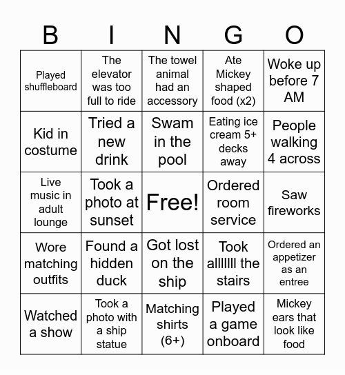Disney Cruise Bingo Card