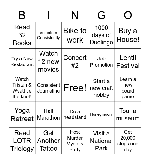 Marisa’s 2026 Bingo Card
