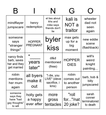 stranger things finale Bingo Card