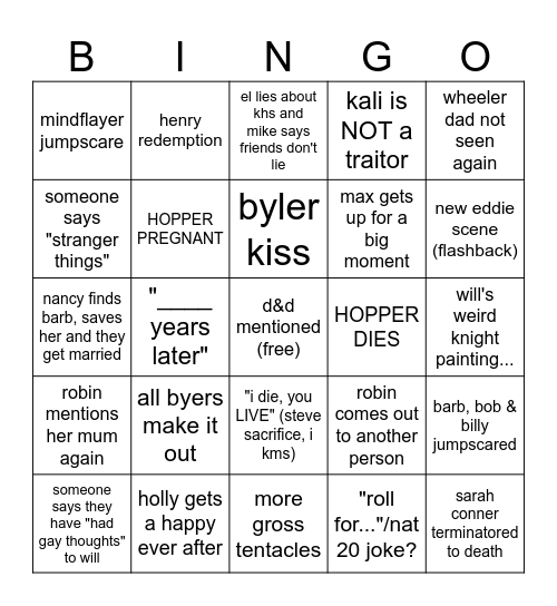 stranger things finale Bingo Card