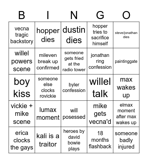 Stranger Things Vol 2 Bingo Card
