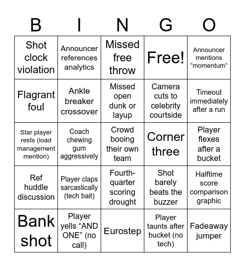 Gunslinger NBA Bingo Card