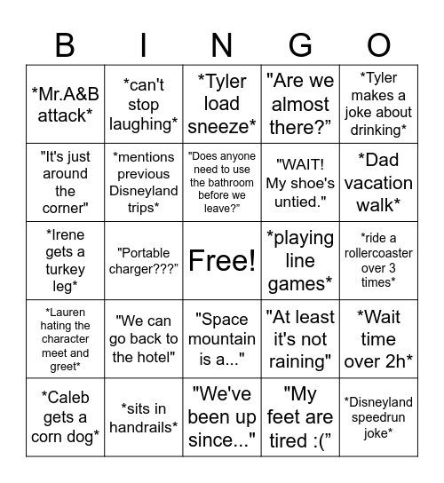 Jones Fam in Disneyland Bingo Card