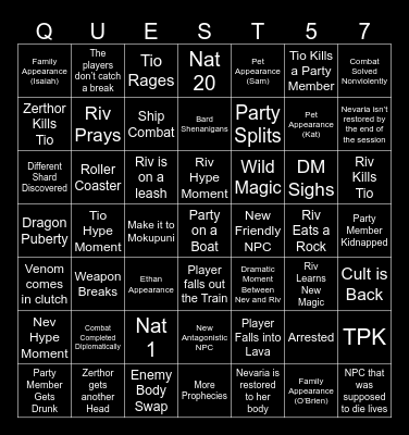 Questicles Session 57 Bingo Card