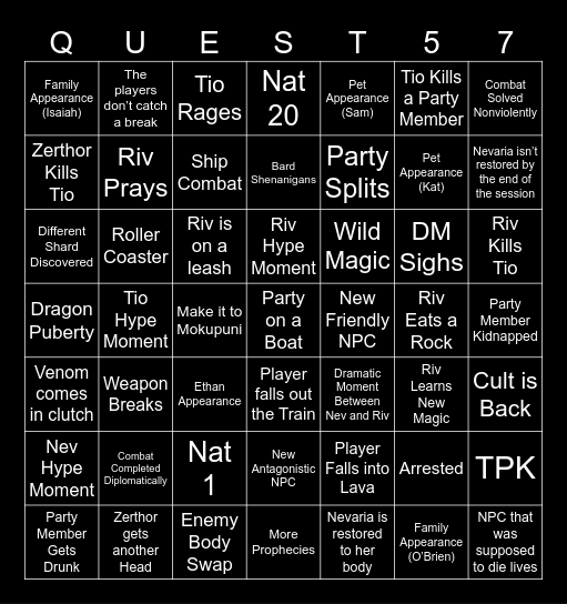 Questicles Session 57 Bingo Card