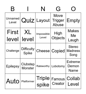 Geometry Dash Recent Tab Bingo Card