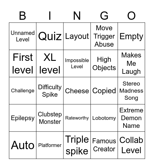 Geometry Dash Recent Tab Bingo Card