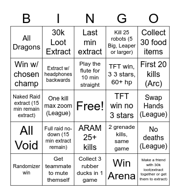 Gauntlet Test Bingo Card