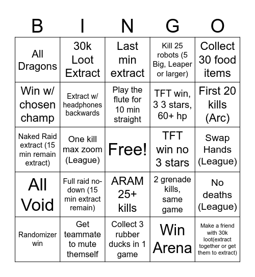 Gauntlet Test Bingo Card