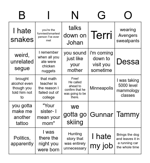 Uh Oh! John's Here! Bingo Card