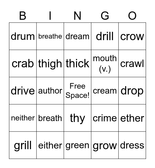 Consonant Cluster Bingo #1 Bingo Card