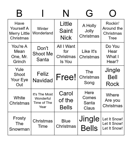 Holiday Songs Bingo Card