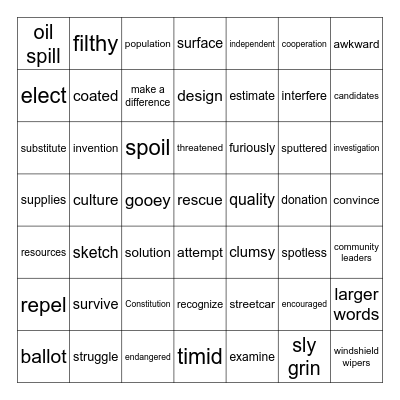 Vocabulary Review Bingo Card