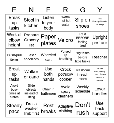 Energy Conservation Bingo Card