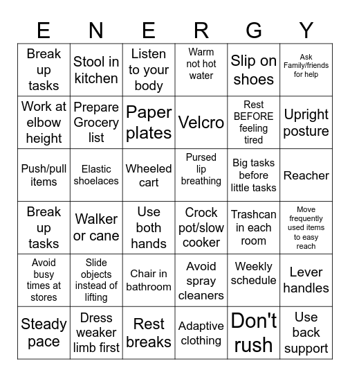 Energy Conservation Bingo Card