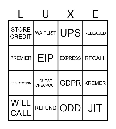 Project LuxE Bingo Card