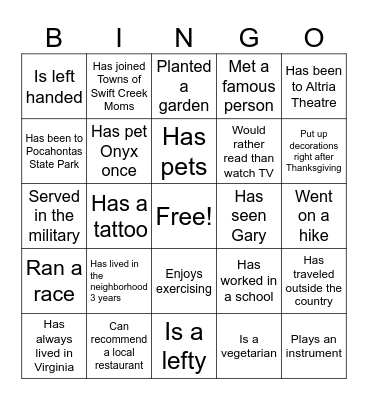 Neighborhood Bingo Card