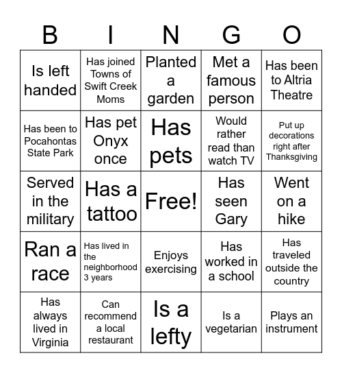 Neighborhood Bingo Card