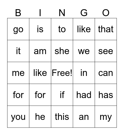 sight words Bingo Card