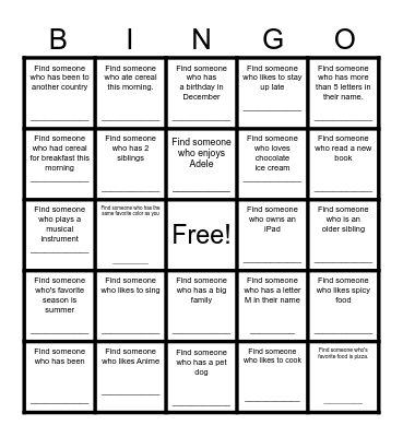Find a Friend Bingo Card