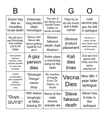 Stranger Things Finale Bingo Card