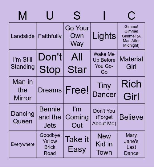 V's Music Bingo Card