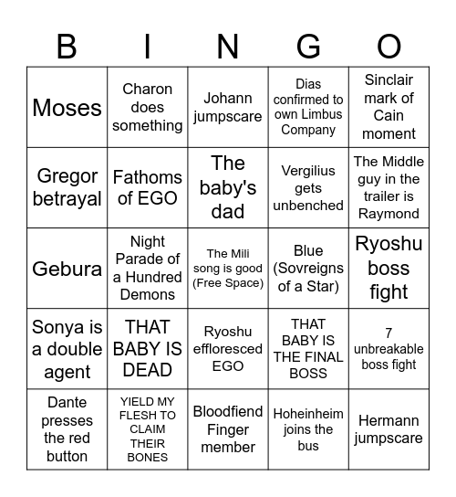 Canto 9 BINGO Card