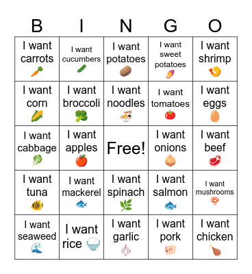 B2 L11 I want cucumbers 🥒 Bingo Card