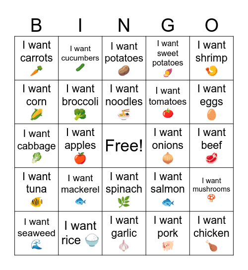 B2 L11 I want cucumbers 🥒 Bingo Card